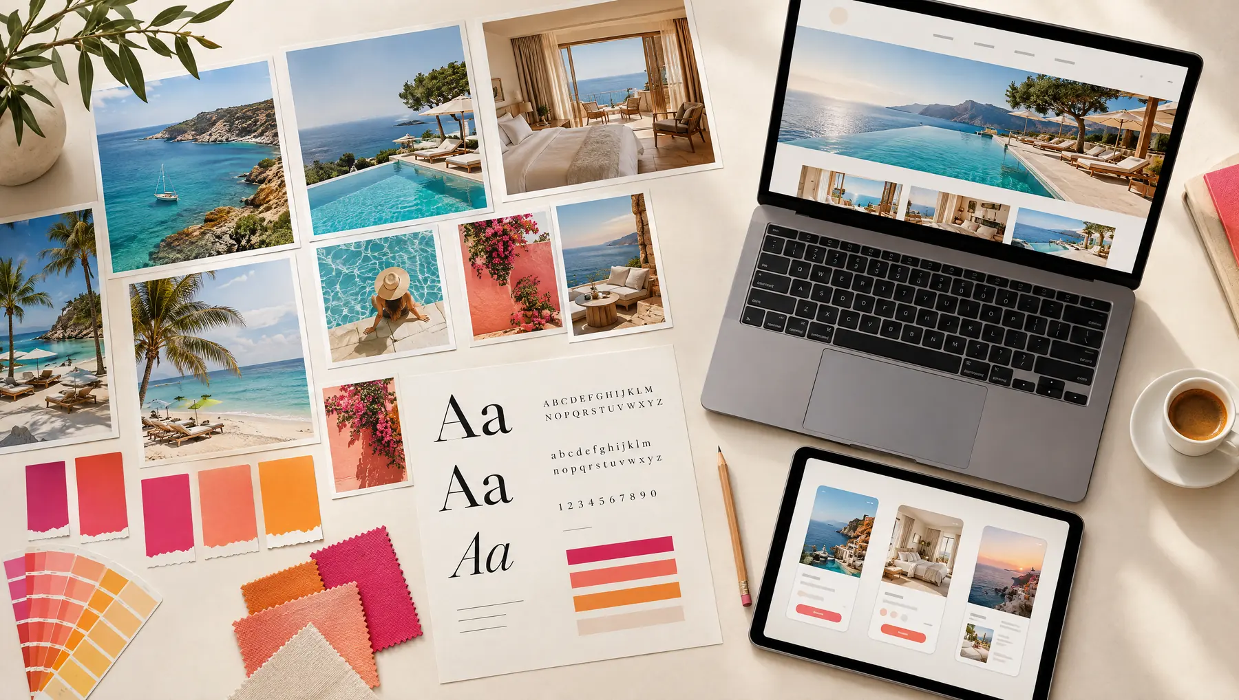 Mood board, color swatches and type specimens on a design desk